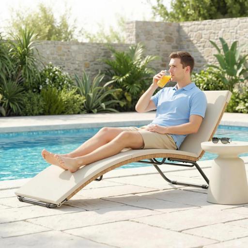 Tumbona de Jardín Exterior de Ratán en Forma de S con Cojín Asiento Transpirable y Estructura de Acero para Patio Crema [7]