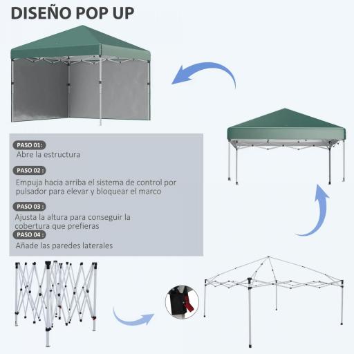 Carpa Plegable Pop-up 3x3 m con 2 Paredes Laterales Anti-UV Altura Ajustable Sacos de Arena y Bolsa de Transporte Verde [4]