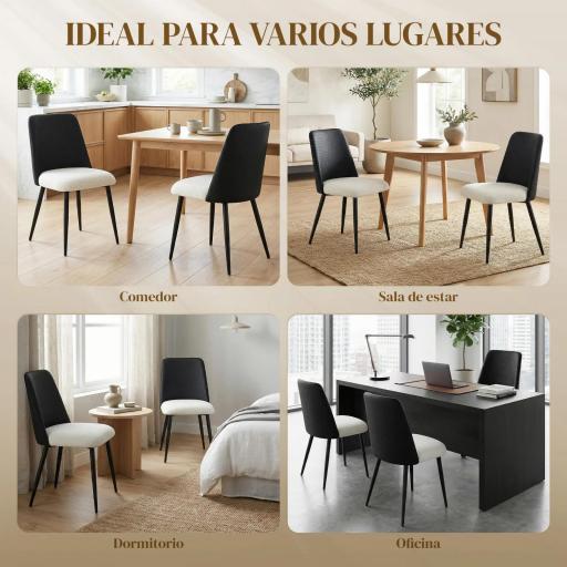 Juego de 2 Sillas de Cocina con Respaldo de PU de Imitación Ratán Patas de Acero y Asiento Acolchado Negro y Beige [7]