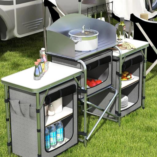 Mueble de Cocina para Camping Plegable con 3 Mesas 4 Ganchos Poste de Luz y Bolsa de Transporte 172x48x130 cm Gris [4]