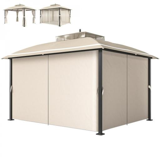Carpa para Jardín con Techo Doble Cenador con Mosquiteras y Cortinas para Exterior Terraza 370x303x290 cm Beige [8]