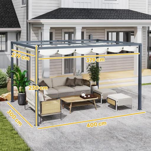 Pérgola de Aluminio 4x3 m Gazebo con Luces LED Solares y Techo Retráctil para Jardín Crema [4]