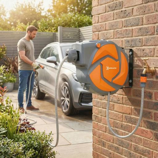 Manguera Retráctil de Pared con Carrete de 10+1 m con Retorno Enrollado Automático y Boquilla de 7 Funciones Gira 180° [3]