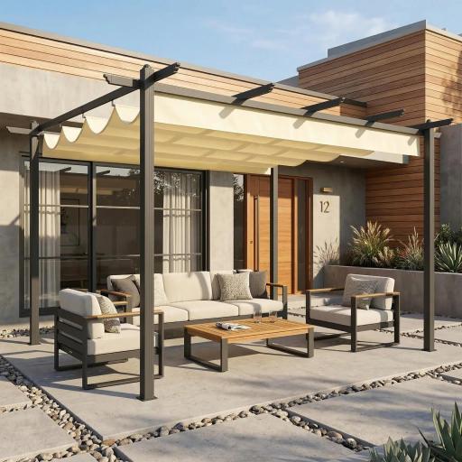Pérgola de Jardín 4x3 m con Techo Retráctil Estructura de Aluminio UPF30+ Orificios de Drenaje Pabellón Exterior Crema