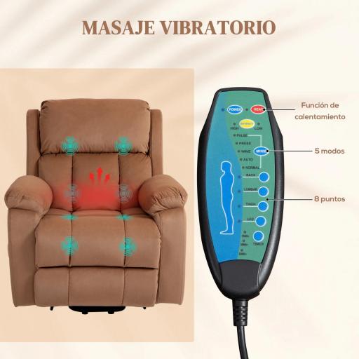 Sillón Relax Reclinable Eléctrico Levanta Personas con Masaje Vibratorio y Calor Control Remoto Reposapiés Marrón [5]