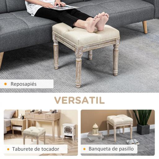 Reposapiés de Salón con Asiento Capitoné y Patas Talladas de Madera Estilo Vintage para Dormitorio 40x40x43 cm Beige  [5]