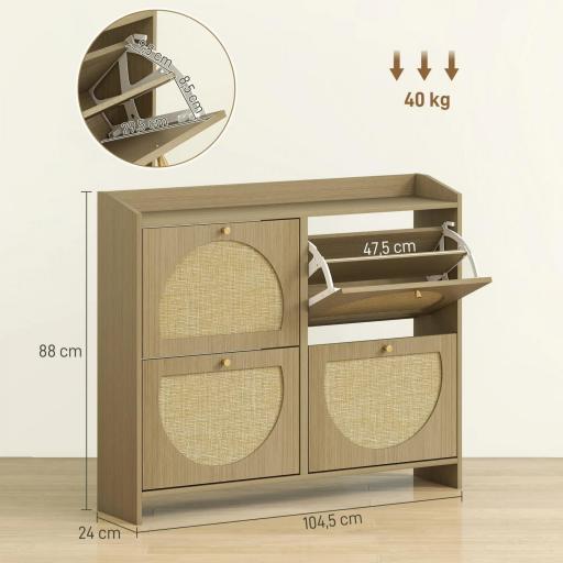 Zapatero Estrecho con 4 Puertas de Ratán con Estantes Ajustables para 16 Pares de Zapatos 104,5x24x88 cm Natural [1]