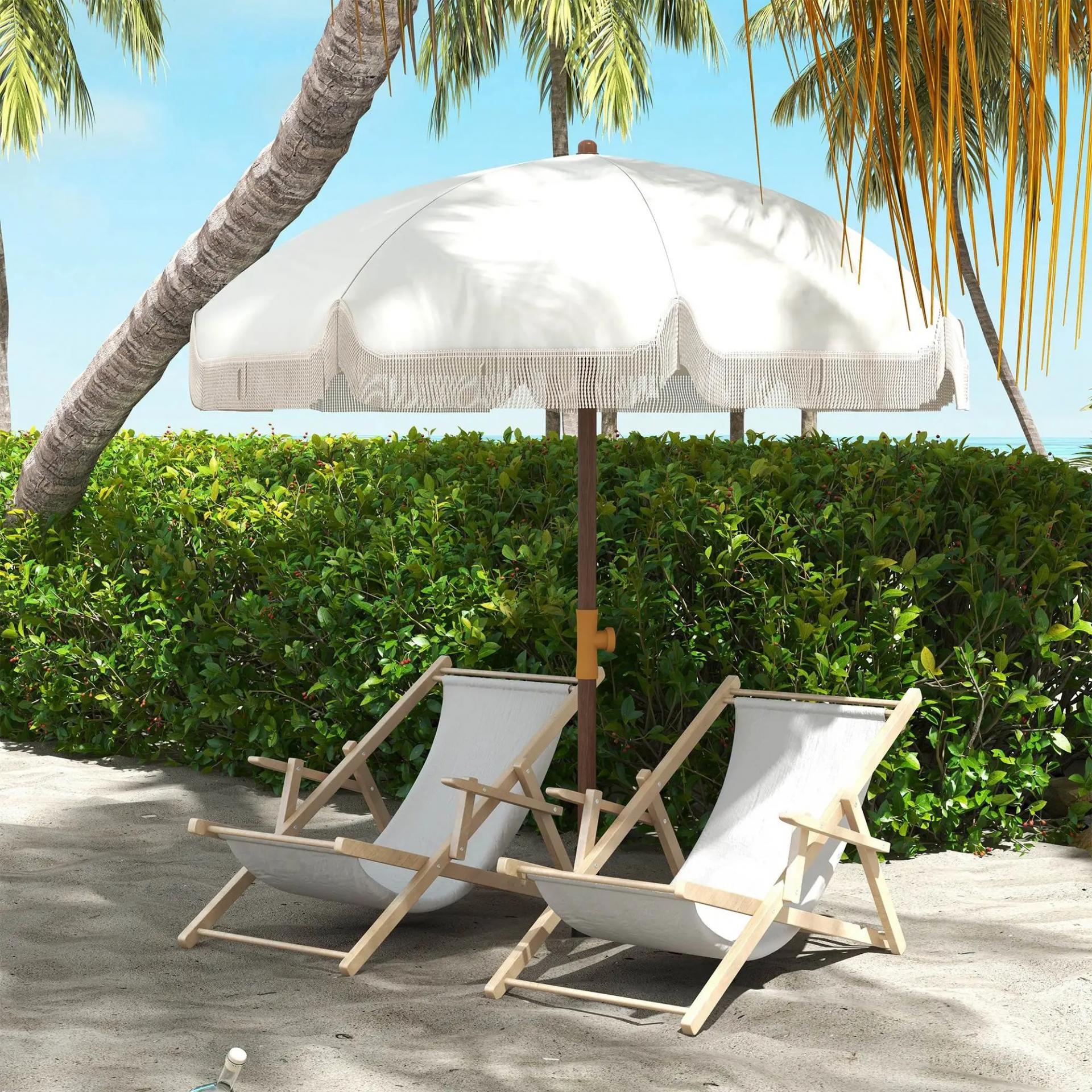 Sombrilla de Playa con Flecos Ø190x210 cm con 8 Varillas Apertura Manual Anti-UV Impermeable y Bolsa de Transporte Gris