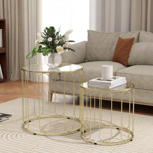Conjunto de 2 Mesas Auxiliares Tipo Nido con Estructura de Metal y Encimera de Cristal Ø50x50 cm y Ø40x40 cm Dorado
