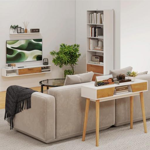 Estantería Bicolor con 4 Estantes Abiertos y 2 Cajones de Melamina con Patas de Pino 60x30x179cm Blanco y Madera Natural [6]