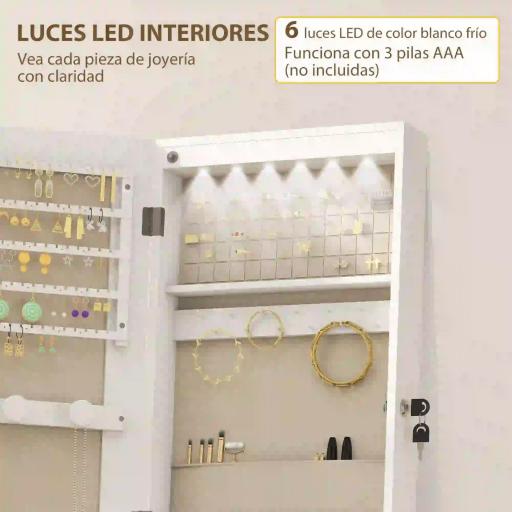 Espejo Joyero con Luces LED Interior Ruedas Giratorio de 360° Estantes Abiertos Cajones de Tela Blanco [3]
