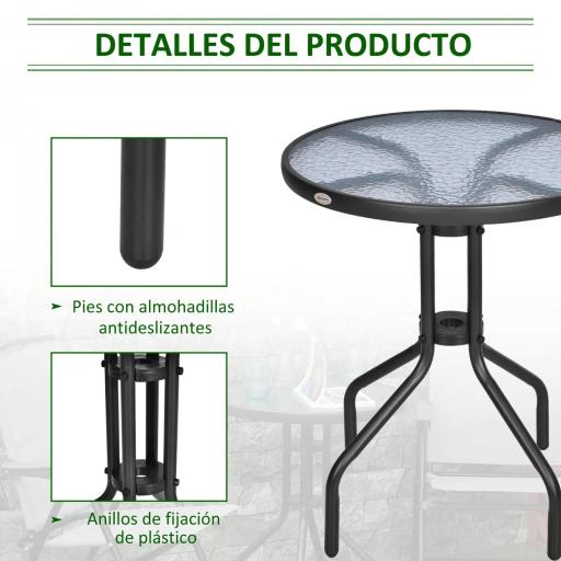 Mesa de Jardín Redonda con Encimera de Vidrio Templado Decorativa y Marco de Metal para Patio Terraza Balcón Comedor Ø60x70 cm Negro [2]