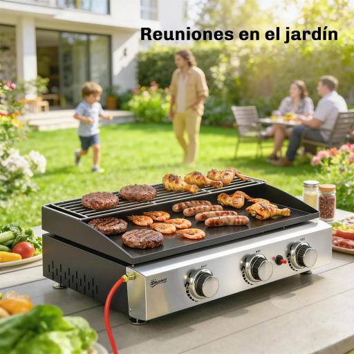 Barbacoa de Gas con 3 Quemadores 7,5 kW Barbacoa Portátil con Plancha Rejilla Calentadora y Recogedor Grasa Negro [4]