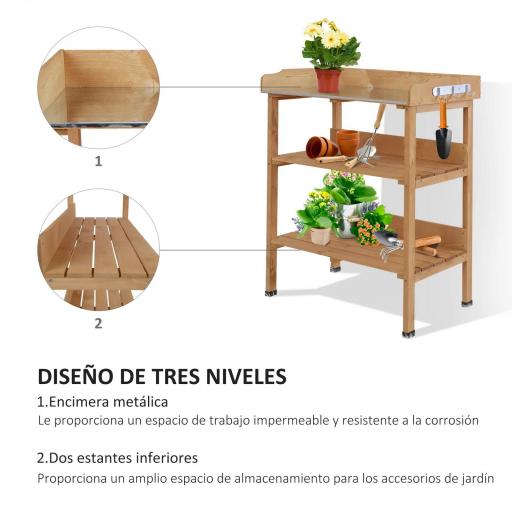 Mesa de Jardinería de Madera con Superficie Metálica Estantes y Ganchos para Jardín Terraza 76x37x89 cm Natural [1]