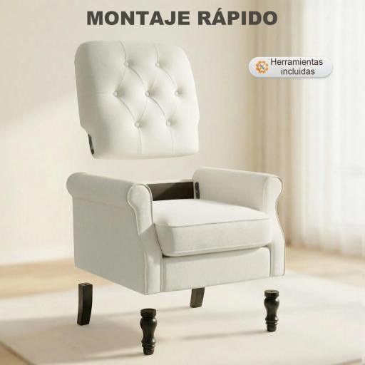 Sofá Individual Tapizado en Lino Asiento Acolchado Grueso Respaldo Capitoné Patas de Madera Maciza Crema [4]