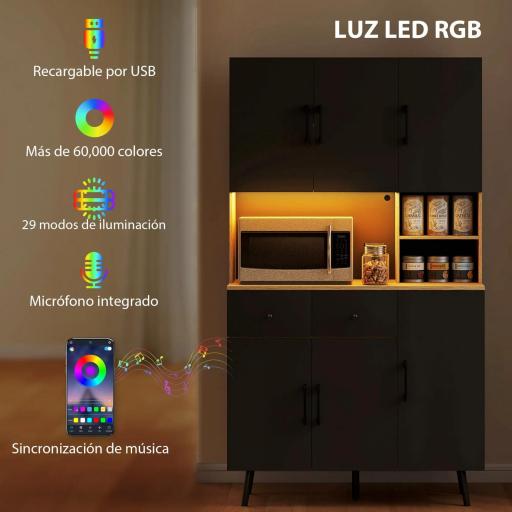 Alacena de Cocina con Luces LED RGB con 6 Puertas 2 Cajones Encimera y Orificio para Cables 100x40x176 cm Negro y Roble [2]