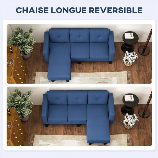 Sofá Chaise Longue Reversible con Estructura de Acero Tapizado en Chenilla 186x130x84cm Azul [7]