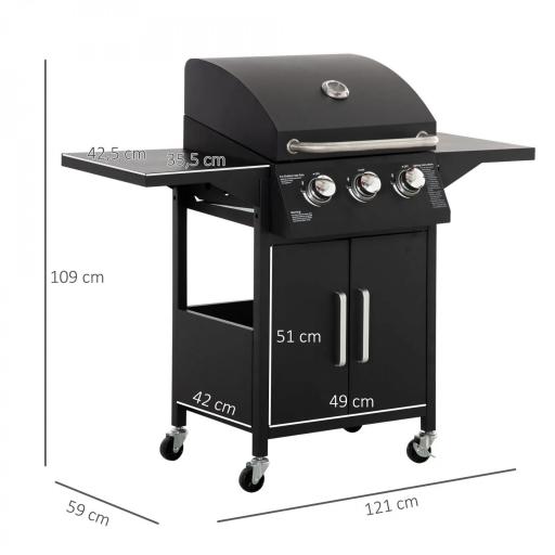 Barbacoa de Gas con 3 Quemadores 8,7 KW con 2 Mesas Laterales Armario de 2 Puertas 4 Ruedas y Frenos 121x55x109 cm Negro [1]