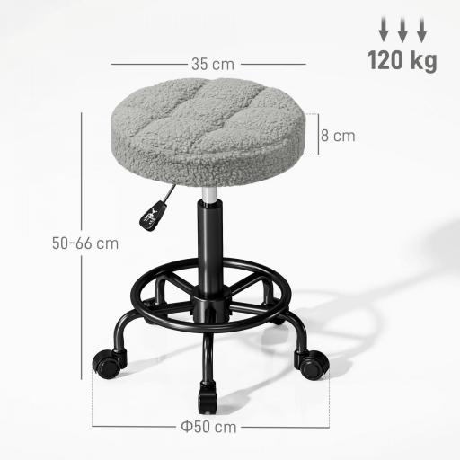 Taburete Giratorio Redondo Taburete con Ruedas Altura Regulable 50-66 cm Asiento Tapizado en Tejido de Borreguito Gris [1]