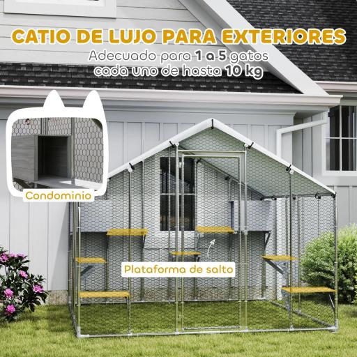 Jaula Grande para Gatos Exterior con 2 Casitas 7 Plataformas para Saltar Cubierta Impermeable y Anti-UV 240x193x195 cm [6]