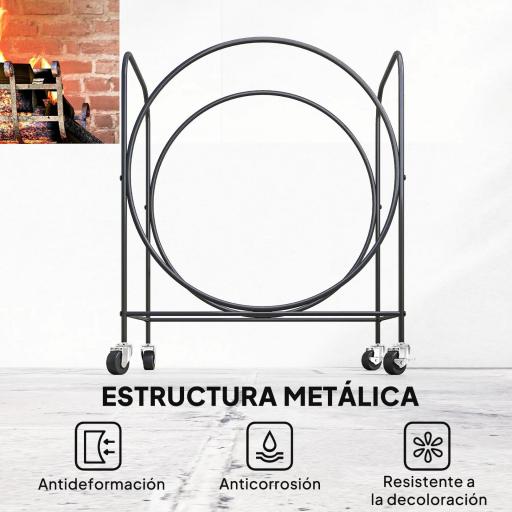 Leñero Exterior Metálico de Chimenea Soporte para Leña con Ruedas para Interior y Exterior 51x30x60 cm Negro [2]