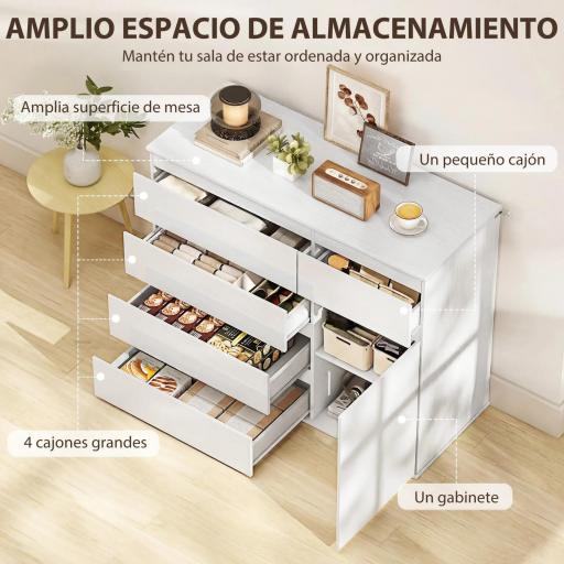 Aparador de Salón con 5 Cajones Estantes Ajustables Puerta de Cierre Suave 100x40x80 cm Blanco Brillo [3]