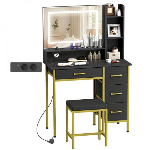 Tocador de Maquillaje con Espejo Luces LED Estación de Carga Taburete Estación de Carga 4 Cajones Negro [9]