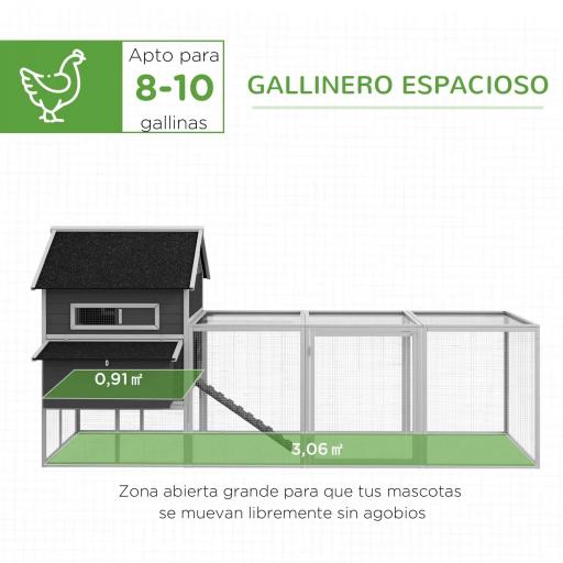 Gallinero de Exterior de Madera para 8-10 Gallinas con 2 Nidos Bandeja Extraíble y Rampa 347x160x150 cm Gris y Blanco [4]