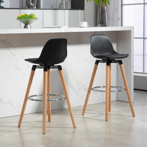 Juego de 2 Taburetes Altos de Cocina 69 cm Tapizado en PU con Respaldo Patas de Madera para Comedor Negro [6]