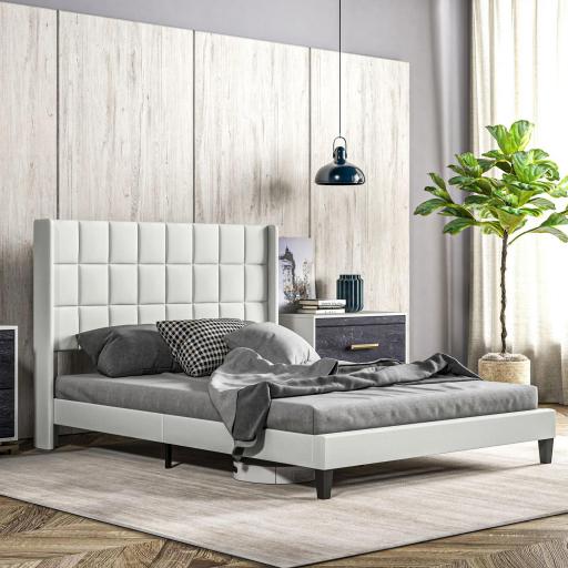 Cama 135x190 cm con Almacenaje Inferior Tapizada y Cabecero Acolchado con Orejas Beige [0]