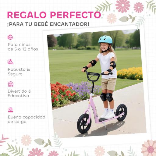 Patinete para Niños de 5-12 Años Scooter de 2 Ruedas Grandes de 12 Pulgadas con Freno y Manillar Ajustable en Altura Carga Máx. 50 kg 120x52x80-88 cm Rosa [1]