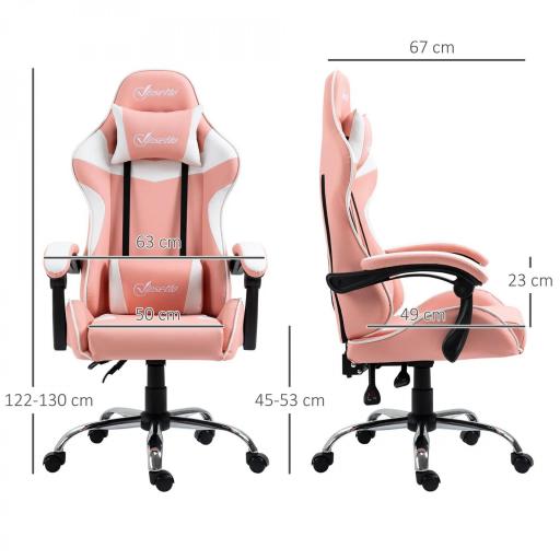 Silla Gaming Silla de Escritorio Reclinable 135° Reposacabezas y Cojín Lumbar 63x67x122-130 cm Rosa [1]