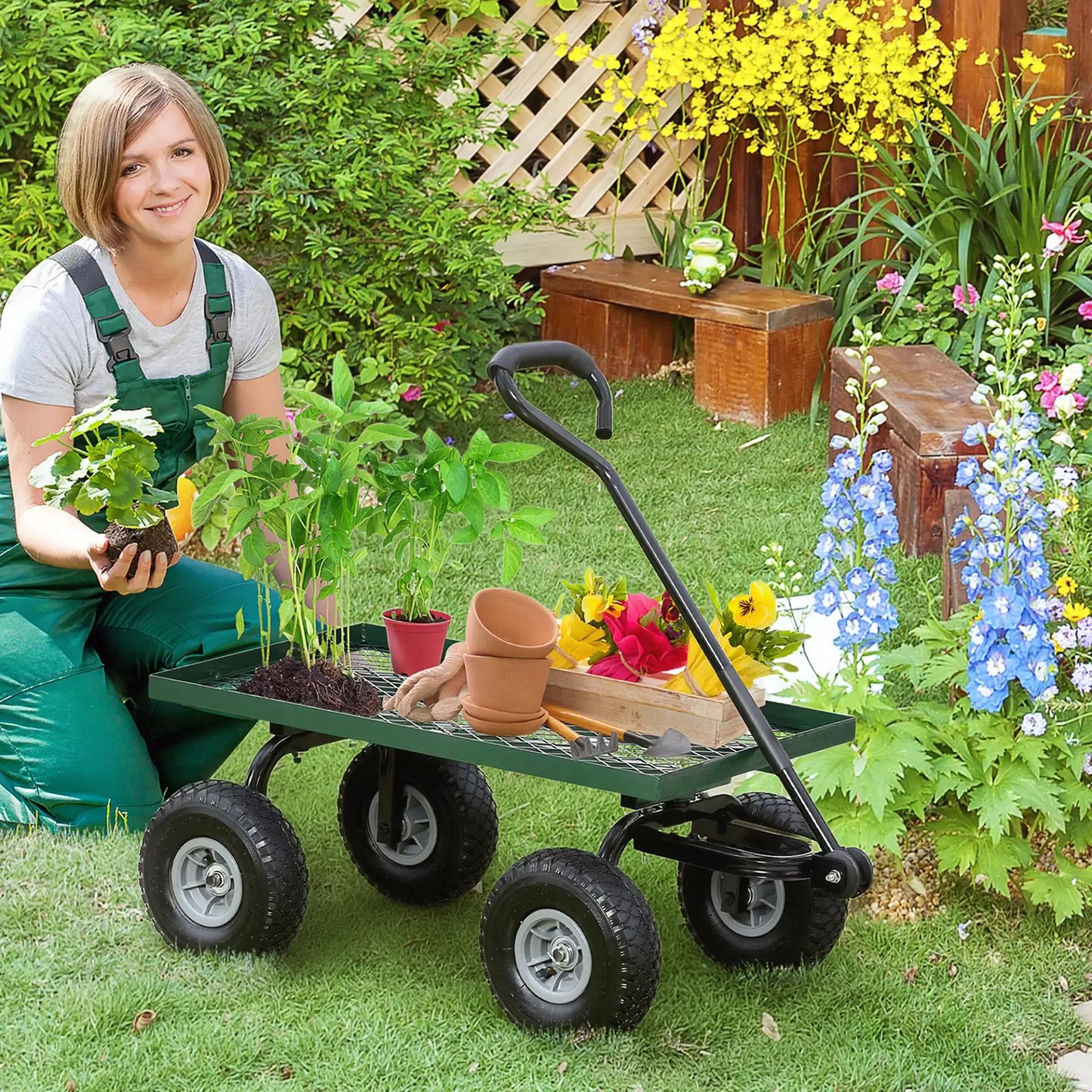Carrito de Jardín con Manija Acolchada y 4 Ruedas Grandes Estructura de Acero Carga 150 kg 94x48,5x100 cm Verde y Negro