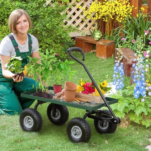Carrito de Jardín con Manija Acolchada y 4 Ruedas Grandes Estructura de Acero Carga 150 kg 94x48,5x100 cm Verde y Negro
