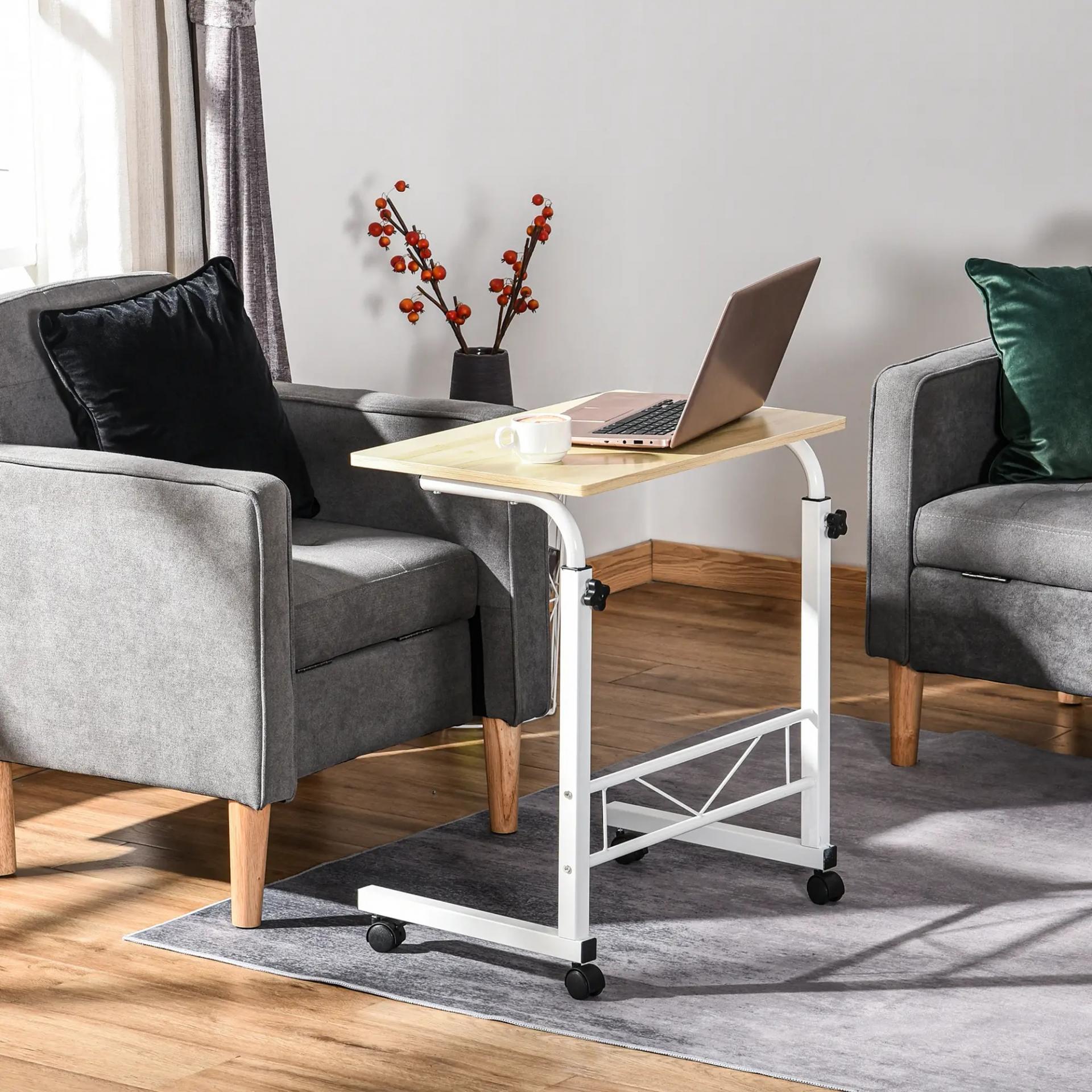 Mesa Auxiliar con Ruedas Mesa para Sofá con Altura Ajustable para Hogar Oficina 60x40x68-78 cm Blanco