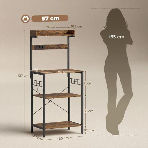 Estantería de Cocina con 2 Tomacorrientes Estante para Microondas Estante Ajustable Ganchos 60x42x137 cm Marrón Rústico [5]