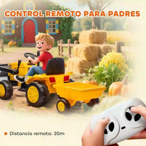 Tractor Eléctrico para Niños con Remolque Desmontable y Pala Batería 12V Motor Doble Control Remoto 2,4G Luces Música [5]
