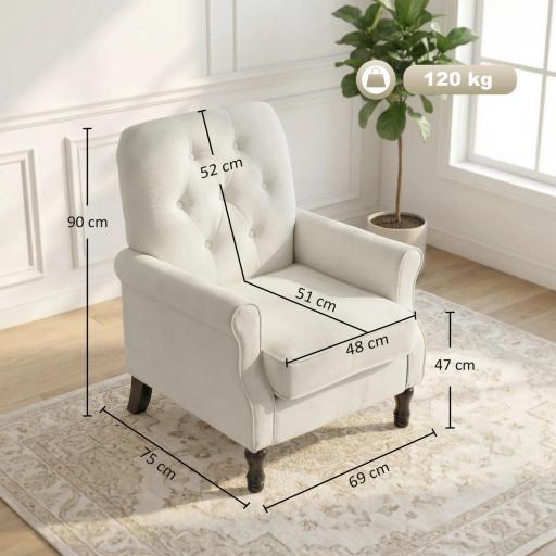 Sofá Individual Tapizado en Lino Asiento Acolchado Grueso Respaldo Capitoné Patas de Madera Maciza Crema [1]