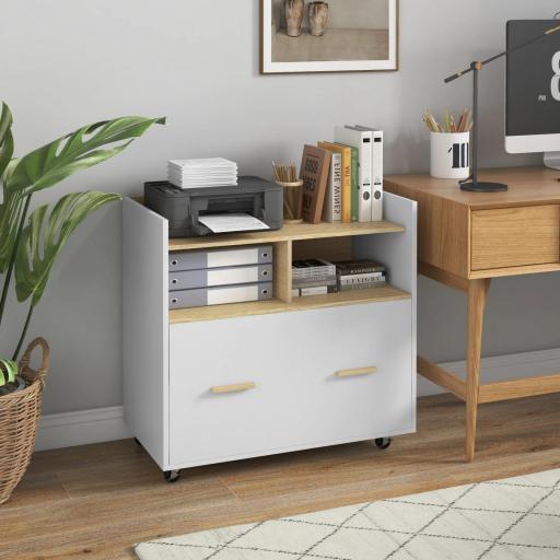 Armario Archivador con Ruedas Cajón Barras Colgantes para Tamaño A4 y 2 Compartimentos 76x40x75,5 cm Roble y Blanco