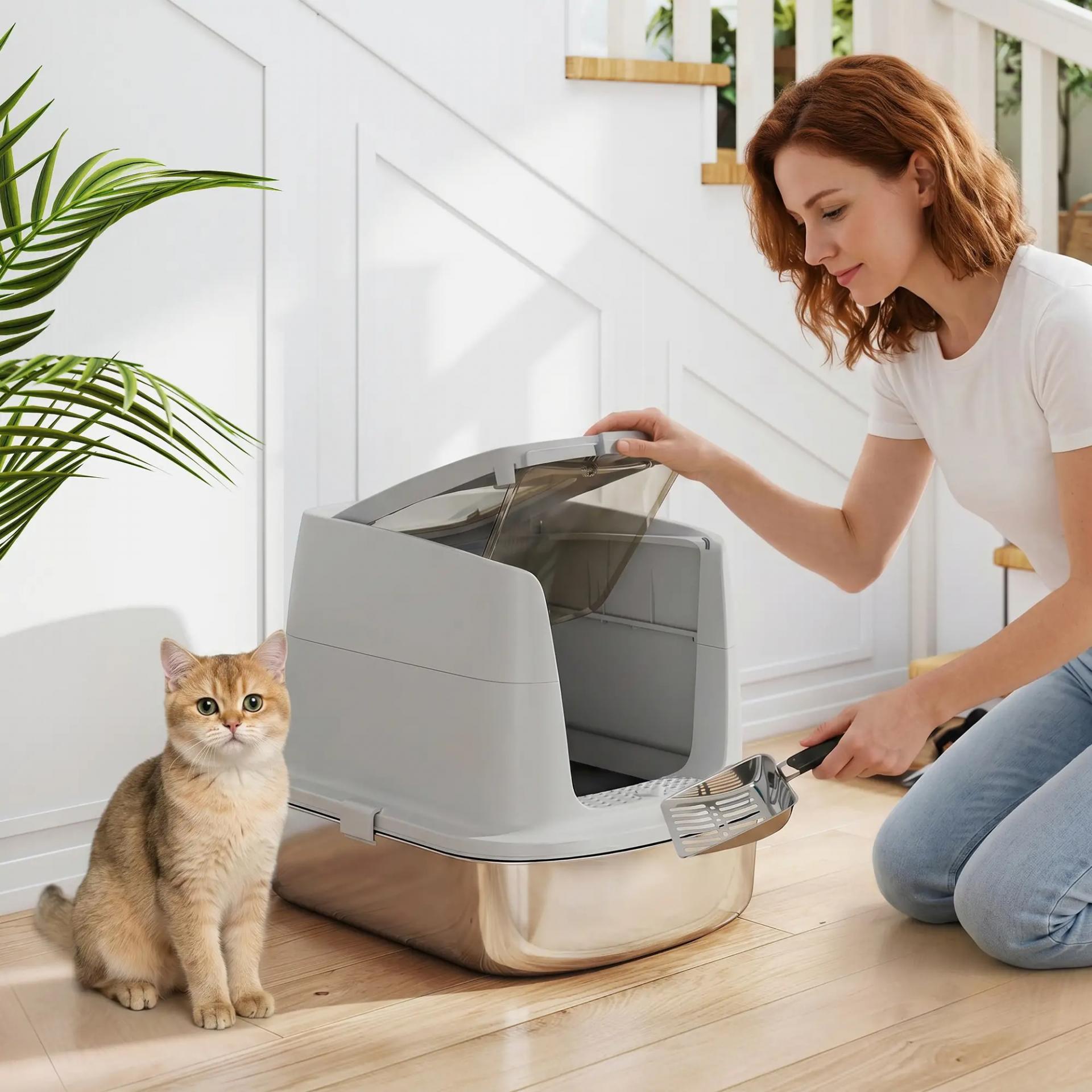 Arenero para Gatos de Acero Inoxidable L con Tapa Abatible Pala Metálica Bolsa Desodorizante Fácil Limpiar Gris Claro