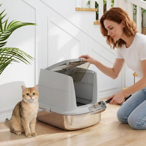 Arenero para Gatos de Acero Inoxidable L con Tapa Abatible Pala Metálica Bolsa Desodorizante Fácil Limpiar Gris Claro [0]