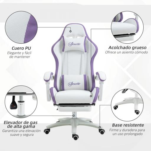 Silla Gaming Silla Gamer de Cuero PU Altura Ajustable Reclinable 135° Reposacabezas y Reposapiés 65x65x121-129 cm Blanco [5]
