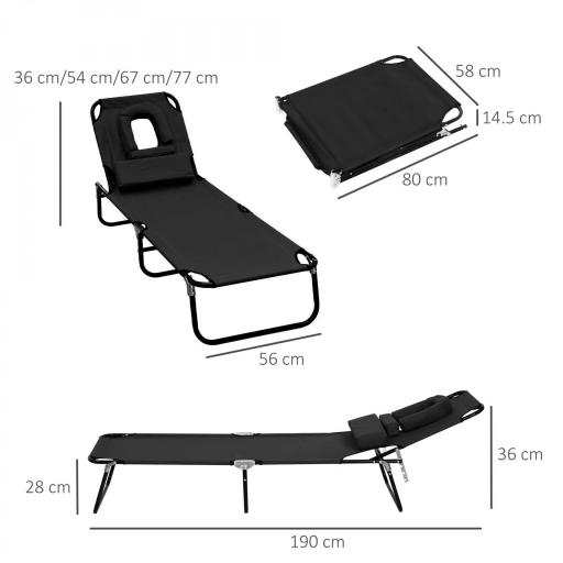 Tumbona de Jardín con Respaldo Ajustable en 4 Niveles Almohada Marco de Acero y Orificio de Lectura 190x56x28 cm Negro [1]