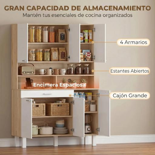 Alacena de Cocina Alta con 6 Puertas y Gran Cajón Estantes Encimera Amplia para Microondas 120x40x175 cm Blanco [2]