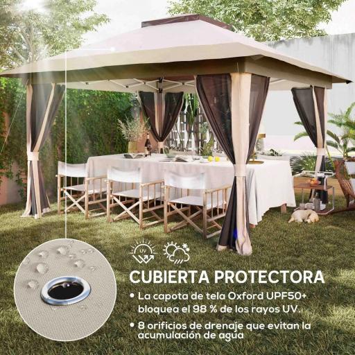 Cenador Plegable 3,6x3,6 m con Laterales de Malla UPF50+ Altura Ajustable Bolsa con Ruedas y Bolsas de Arena Beige [3]