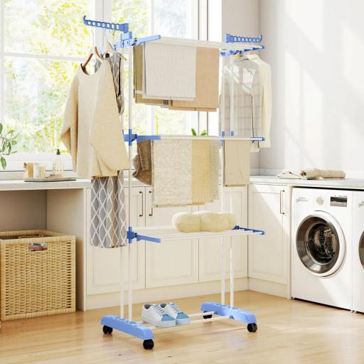 Tendedero Vertical Plegable con Ruedas Tendedero de Ropa de 3 Niveles con Alas Plegables 73x64x172 cm Azul y Blanco [5]