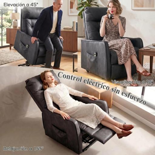 Sillón Relax Reclinable Eléctrico Levanta Personas de Cuero PU Control Remoto Asiento con Resorte Reposapiés Gris [4]