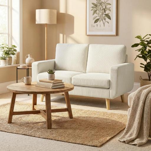 Sofá de 2 Plazas de Pana 134 cm con Patas de Madera Respaldo Grueso Sofá Moderno para Salón Dormitorio Crema [4]