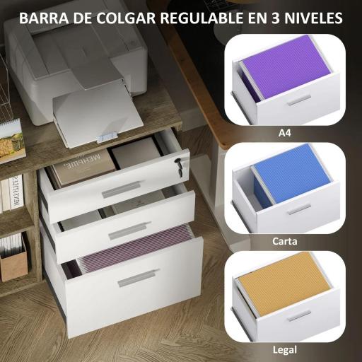 Mueble Archivador con Ruedas 3 Cajones Estación de Carga Cerradura y Estantes 100x40x65,5 cm Marrón Grisáceo [4]
