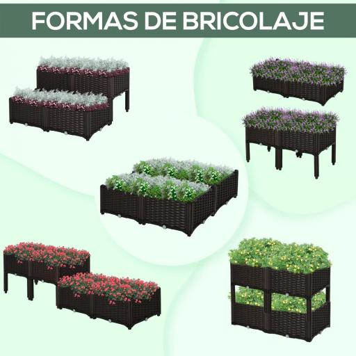 Juego de 4 Jardineras de Exterior Cuadradas Imitación a Mimbre Combinación Libre para Jardín Patio 40x40x26/44 cm Marrón [2]